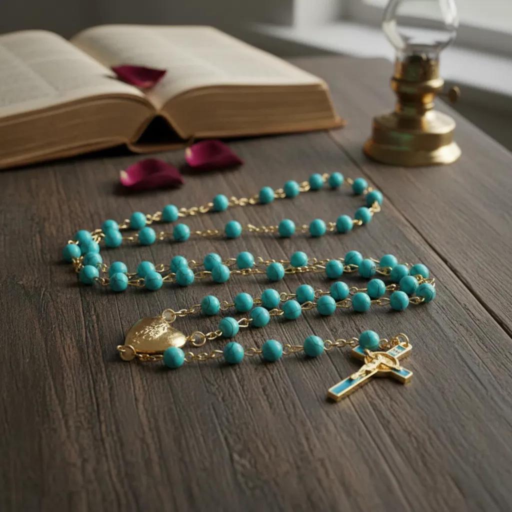 Saint Benedict Rosary Turquoise Glass Beads St. San Benito Cross Nr Medal Catholic Necklace