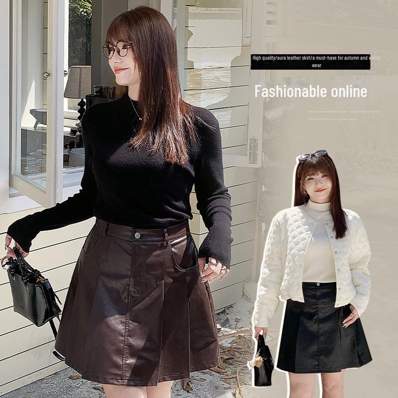 

Korean High-Waist Chimera Leather A-Line Pleated Skirt - Spring Style, Plus-Size, Slim Fit, Short Skirt 4XL (180-200 jins)