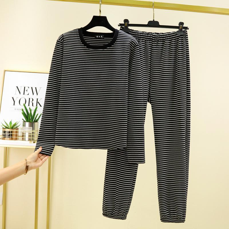 Casual Loose Two-piece Black and White Striped Home Clothes Plus Velvet and Thickened Women's Suit That Can Be Worn Outside