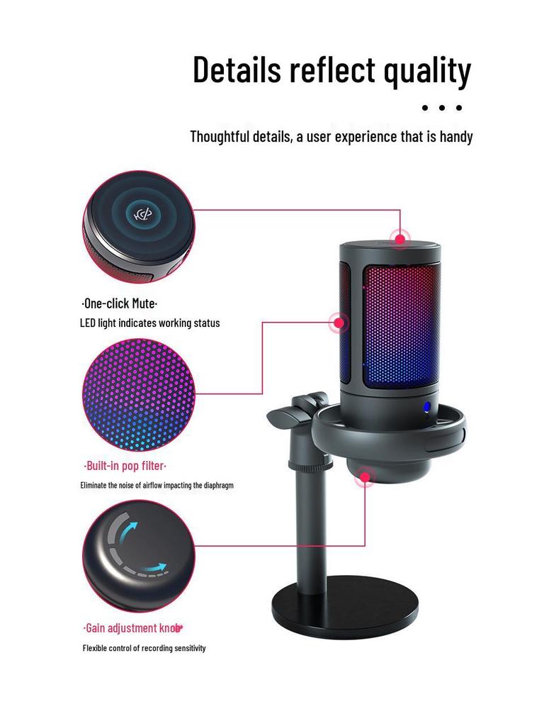 USB RGB Condenser Microphone with Shockproof Noise Reduction for Gaming and Streaming