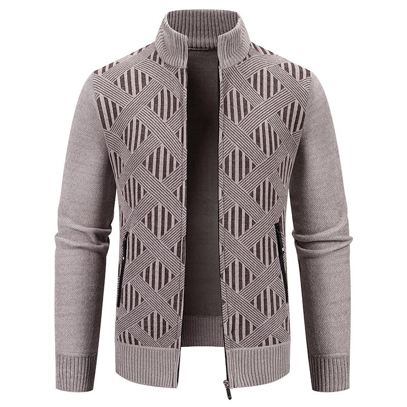 

Осенне-зимний мужской клетчатый вязаный свитер, модный повседневный свитер из шенилла с воротником-стойкой, куртка-кардиган M бежевый