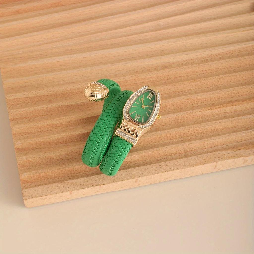 Fashion Women Snake Shape Quartz Watches Weave Luxury Rhinestone Roma Dial Wristwatch Girls Clock Reloj Mujer