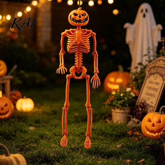 Hard Plastic Skeleton 40cm Pumpkin Head for Halloween Decoration, Movable Joint Flexible Jointed Figure Skull Figurine with Hanging Lanyard,