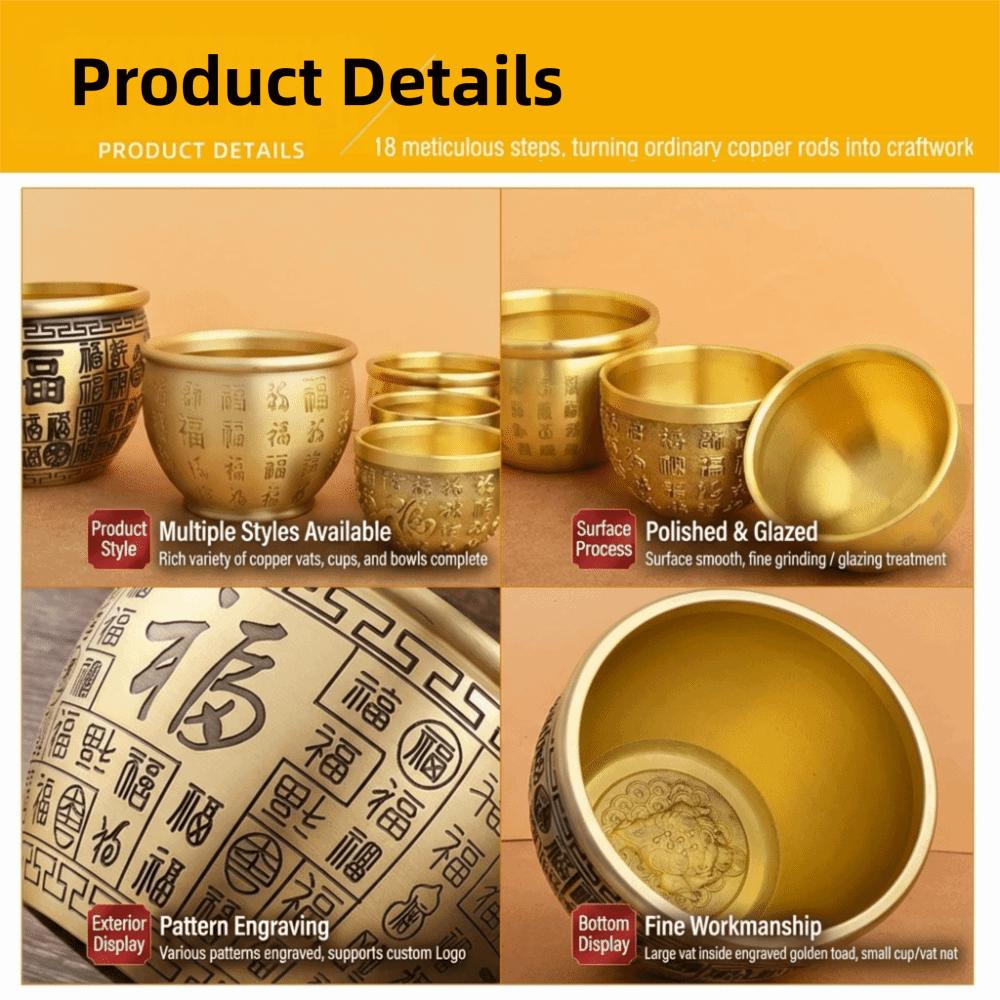 Wealth Attracting Pure Brass Cornucopia Polished Auspicious Baifu Rice Cylinder Desktop Ornament 95mm Feng Shui Bowl Office Desk