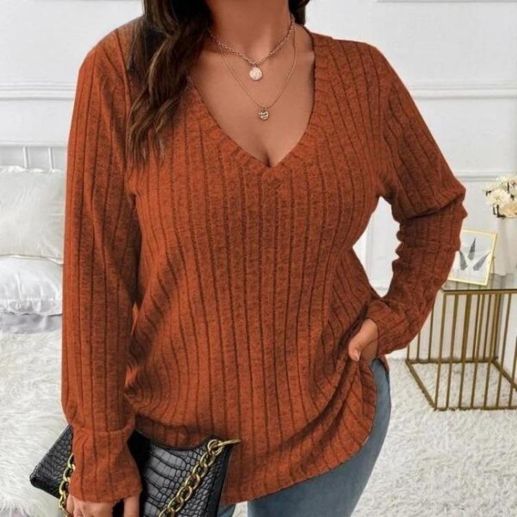 Women Plus Size Long Sleeve T-Shirt V Neck Striped Knitted Top Casual Loose Blouse Spring Solid Color Tops 5XL