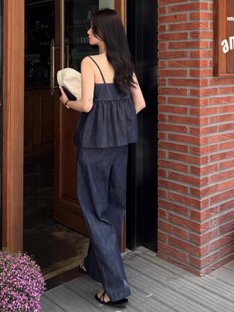 Jižní Korea Chic Letní Retro Temperament V-výstřih Džínové Cami + Vysoký Pas Široké Kalhoty Neformální Kalhoty Set Dámský