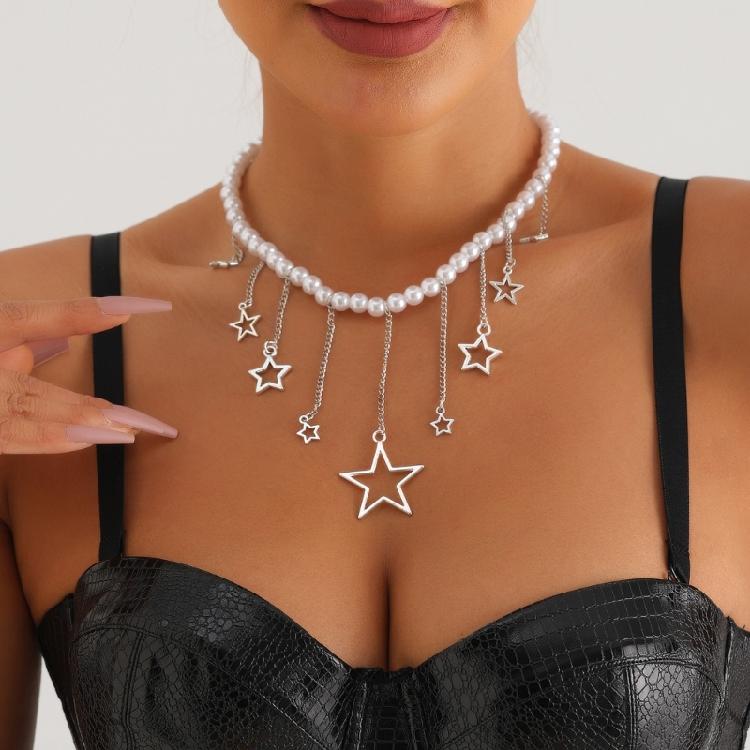 Auffällige Perlenkette Stern-Halskette Mädchen Einfacher Imitationsperlen-Choker