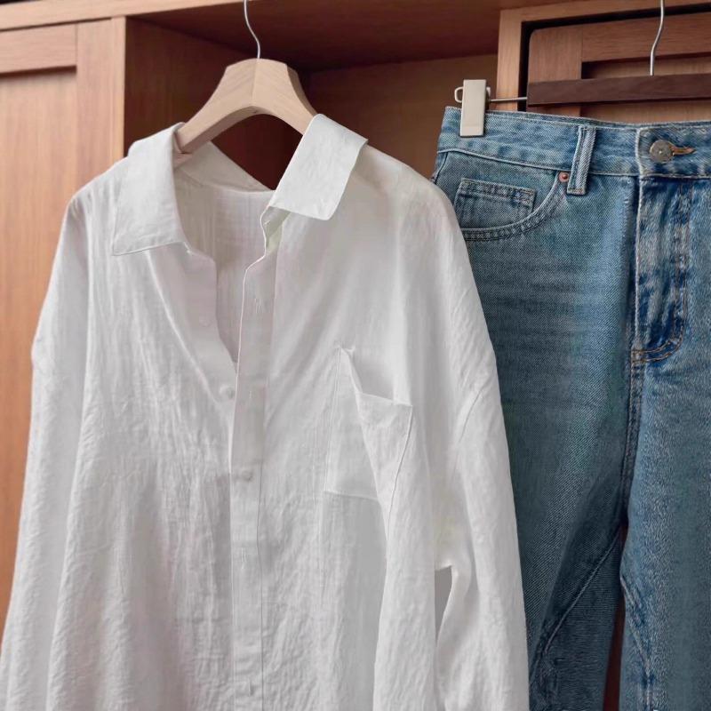 Camicia da Sole a Maniche Lunghe Bianca Traspirante in Cotone e Lino Casual e Versatile per Donna Estate Sottile Stile Pigro Top Largo