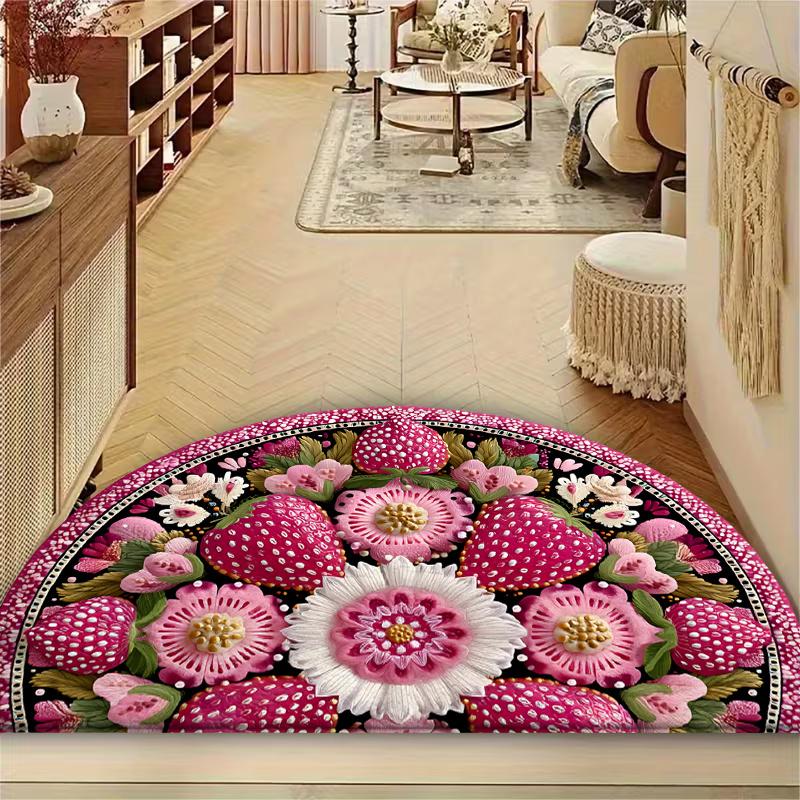 1Pcs Pink Strawberry Semi Circle Welcome Doormat Non-Slip for Outdoor Patio Porch Kitchen Bathroom Entryway Floor Mat