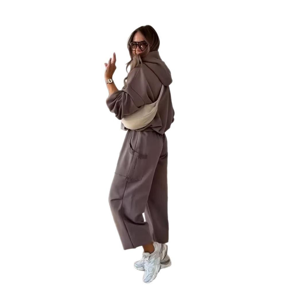 26 Europe, America, Amazon Cross-border Women's Clothing New Slack Hooded Sweater Wide-leg Trousers Tooling Style Suit