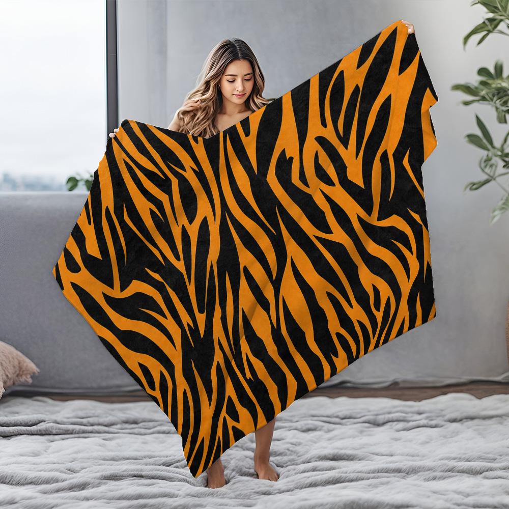 Orange Black Tiger Striped Fleece Blanket Soft Warm Throw Bed Sofa Cover Gift for Kids Teens Adults