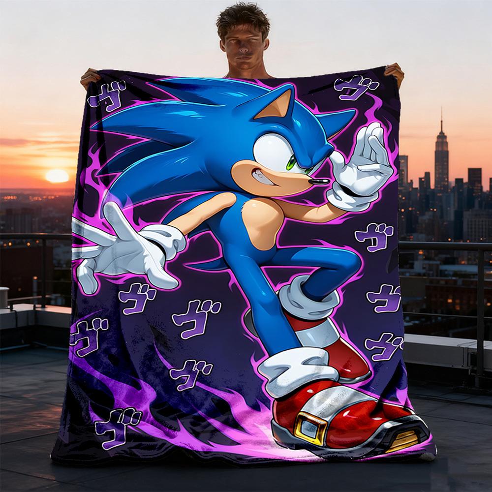 1pc Sonic Outdoor Personalized Flannel Blanket, Soft, Lightweight Personalized Flannel Blanket, Digital Printing,