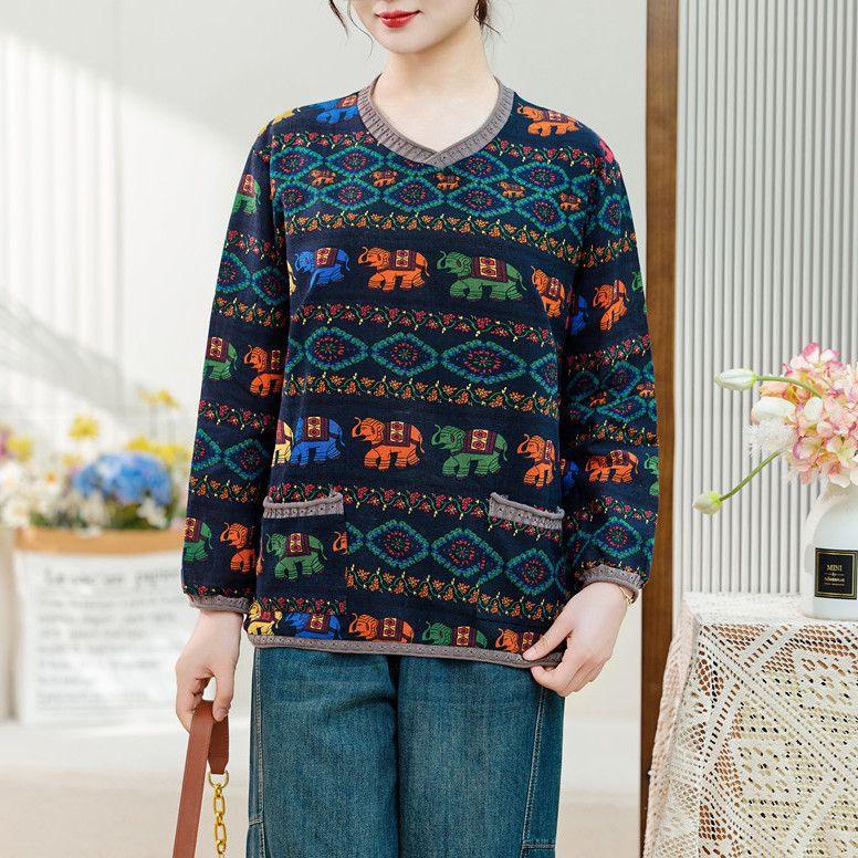 Maglia a maniche lunghe con scollo a V in cotone e lino stile nazionale retrò da donna, maglione a maniche lunghe sottile e ampio per la primavera e l'autunno