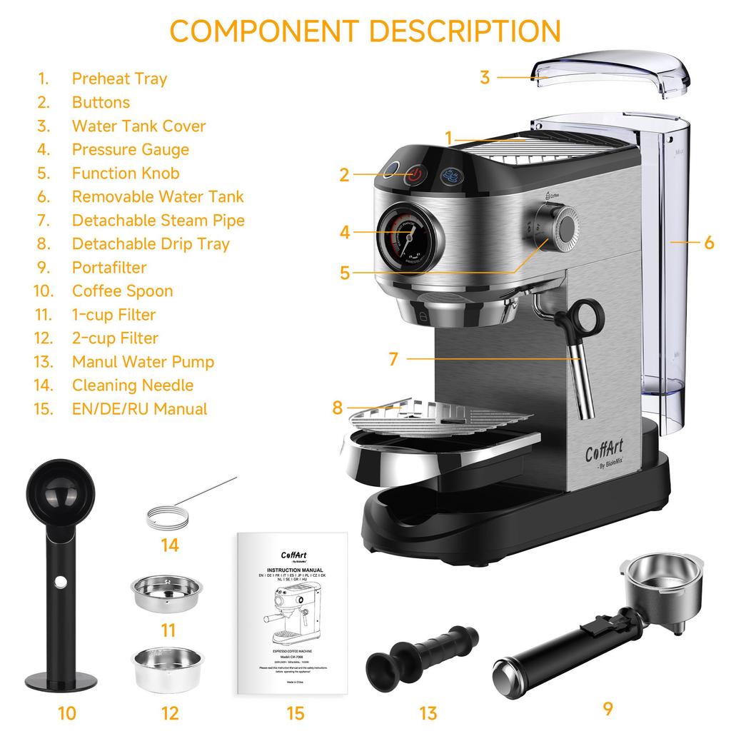 Biolomix 7008 Stainless Steel Espresso Coffee Machine,20Bar Pressure,1450W,Pressure Gauge,Milk Frother Steam Wand,Tank for Home Latte Cappuccino