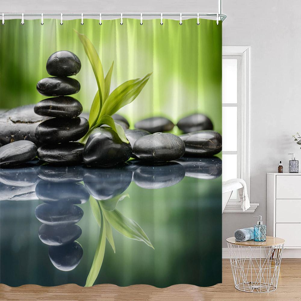 Zen Green Bamboo Shower Curtain Orchid Buddha Meditation Black Stone Candle Stream Plant Bathroom Decor Polyester Bath Curtain