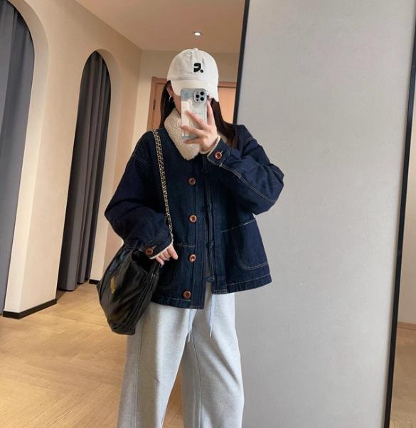 Women's Slimming Lapel Lambswool Padded Denim Jacket - Retro & Versatile