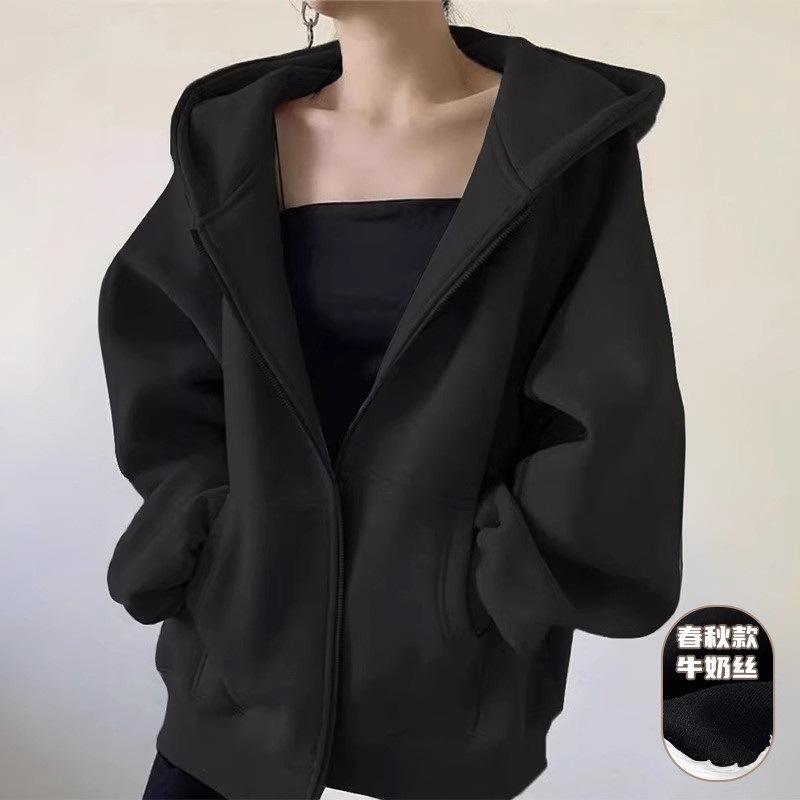 Fleece thickened sweater women, loose lazy wind hooded cardigan jacket in autumn and winter