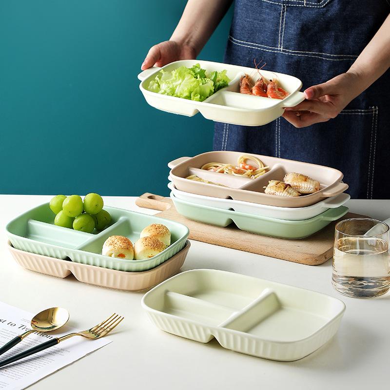 Nordic Ceramic Binaural Rectangular Grid Plate Rice Plate Creative Home Breakfast Plate Baked Rice Plate Fat Reduction Quantitative Meal