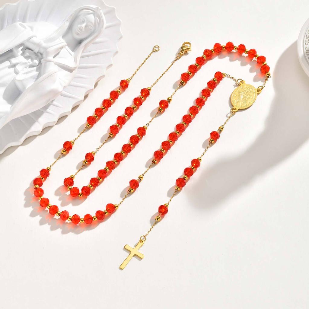 Vnox Long Acrylic Beads Chain Rosary Necklace For Women Men, Stainless Steel Virgin Mary Small Cross Pendant, Gifts To Her