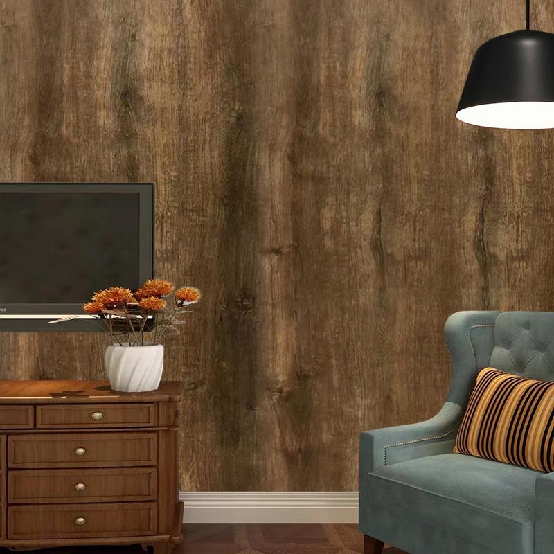 Dark Brown Self-adhesive Wallpaper Imitation Wood Grain Living Room Dining Room Background Wall Sticker PVC Wallpaper
