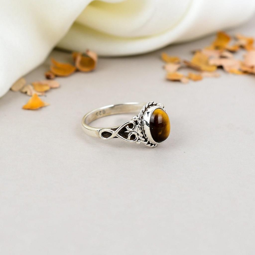 925 Sterling Silver Tiger Eye Gemstone Oval Shape Brown Ring For Women