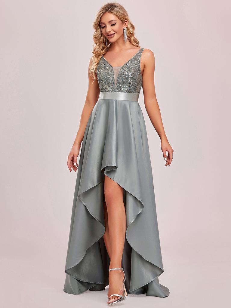 Ever-Pretty Women's V-Neck A-line High-Low Hem Backless Sparkly Prom Dress Plus Size Evening Dresses