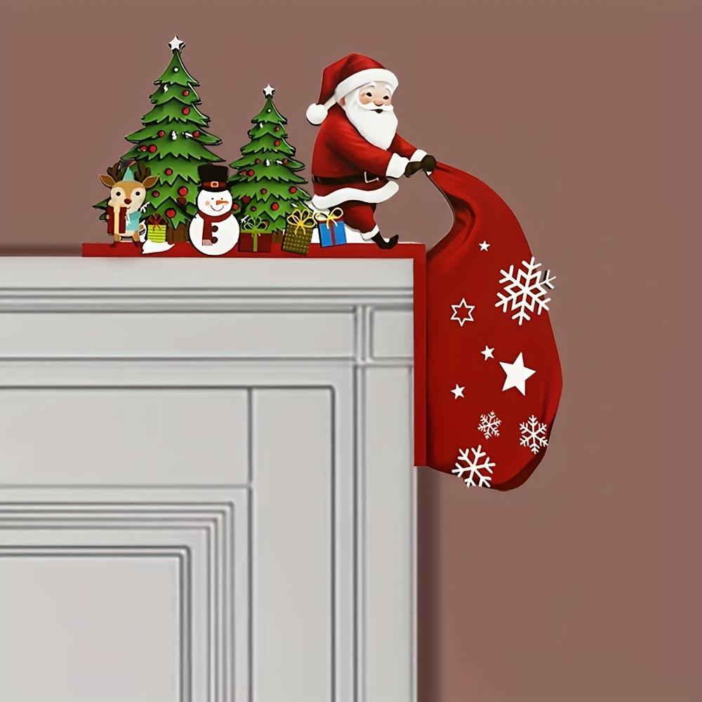 2pcs Wooden Christmas Door Corner Decorations Santa Claus and Reindeer with Snowman, Festive Wall Ornaments, Suitable for Indoor Use in Living Room