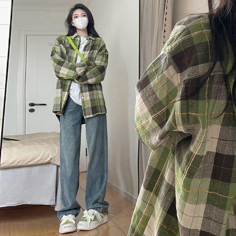 2025 Women's Retro Blue Plaid Shirt Jacket - Loose Fit, Long Sleeve for Spring & Autumn