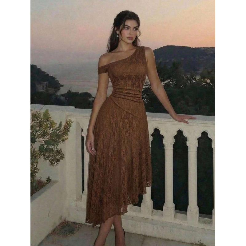 European summer French retro temperament solid color asymmetrical diagonal neck sleeveless medium and long dress women XXS