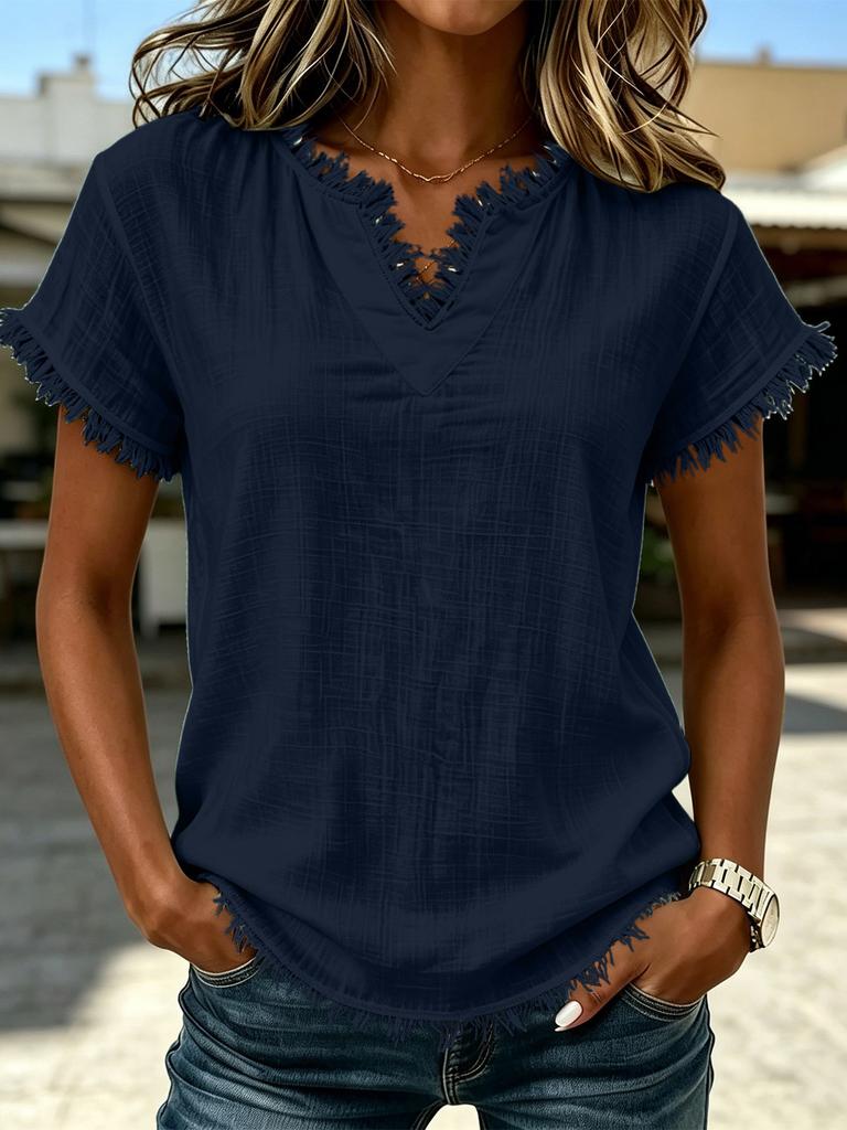 Womens Retro Casual V Neck Fringe Short Sleeve Solid Color Loose T Shirt Top
