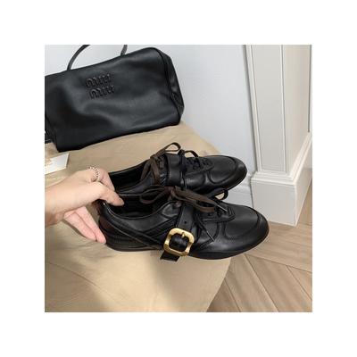 Cowhide Version~ Genuine Leather Retro Style Belt Buckle Women's Soft Sole Lace-up Casual Sports Ballet Small Leather Shoes