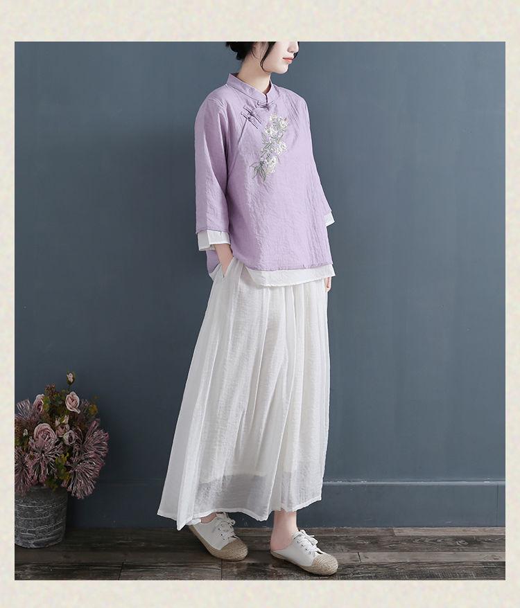 Damen Retro Baumwoll-Leinen-Hemd: Bestickt, Chinesischer Stil, Stehkragen, Dreiviertelärmel, Lockere Passform, Frühlings- & Sommeroberteile