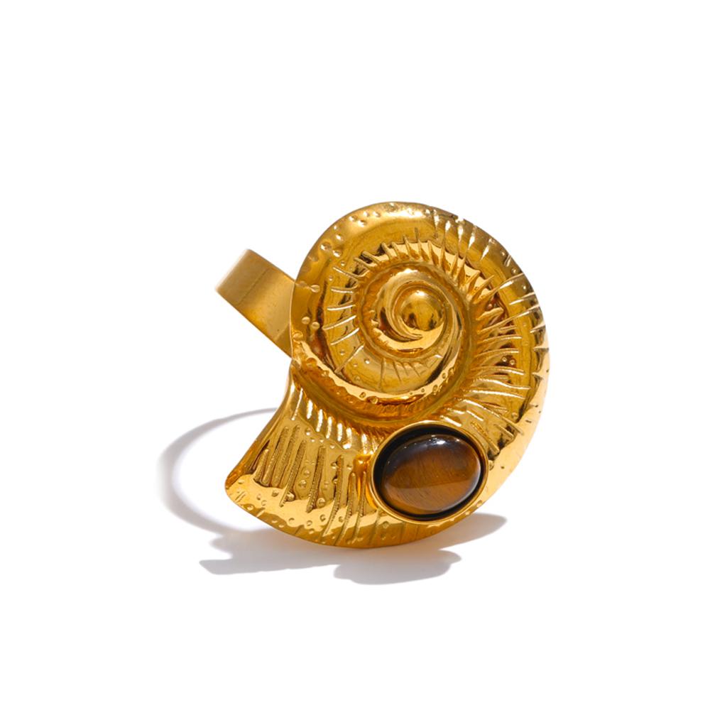 

Yhpup Natural Spectrolite Tiger Stone Conch Shell Flower Open Adjustable Ring Stainless Steel Golden New Arrivals Jewelry Gift resizable