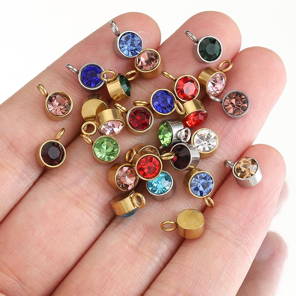 10pcs 6mm Gold Stainless Steel Birthstones Charms Pendants for Necklace Bracelet Jewelry Making DIY Rhinestone Crystal Beads