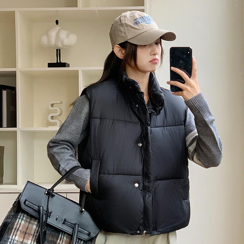 Light Blue Sleeveless Stand-up Neck Down Cotton Jacket Women's Winter New Small Short Warm Bread Jacket