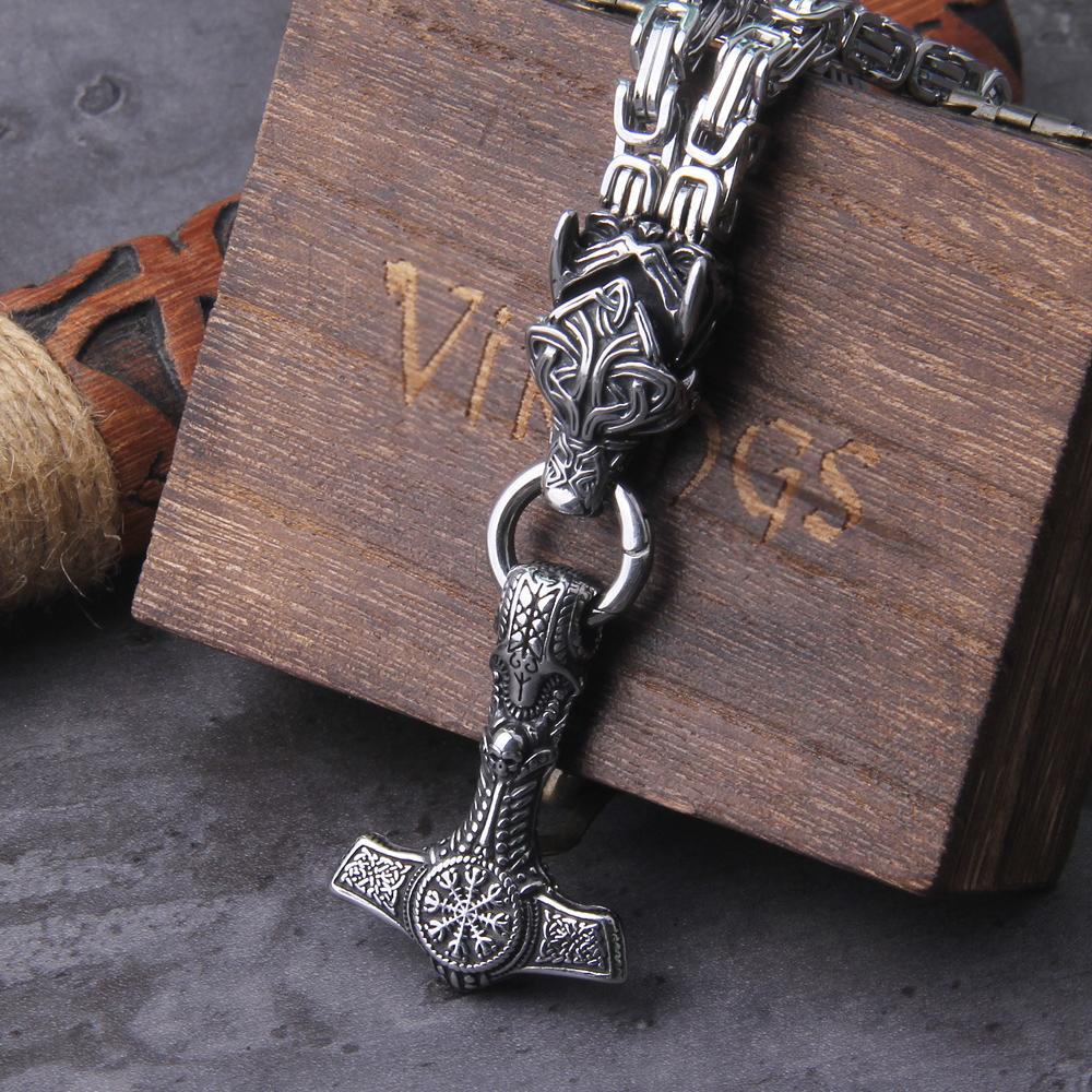 Celtic Wolf Necklace Viking Vegvisir Amulet Stainless Steel Chain Jewelry Norse Runes Pendant for Men Women