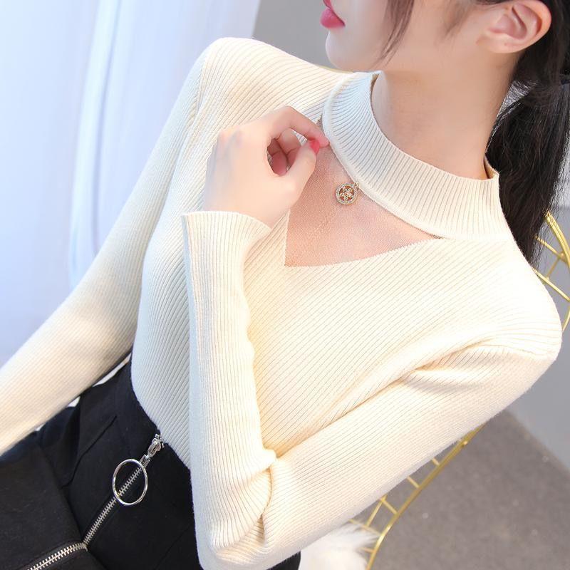 Autumn/winter Women's Knitted Bottoming Shirt Half Turtleneck Mesh Cutout Sweater Slim Knit Sweater Pullover Jumper Top