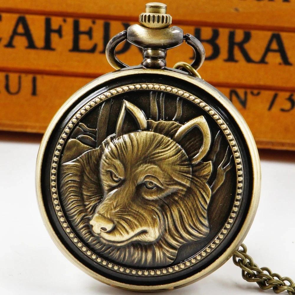 

Wolf Carved Bronze Pocket Watch Quartz Pendant Chain Arabic Digital Dial Clock Exquisite Charm Gift for Men Women Collectors коричневый