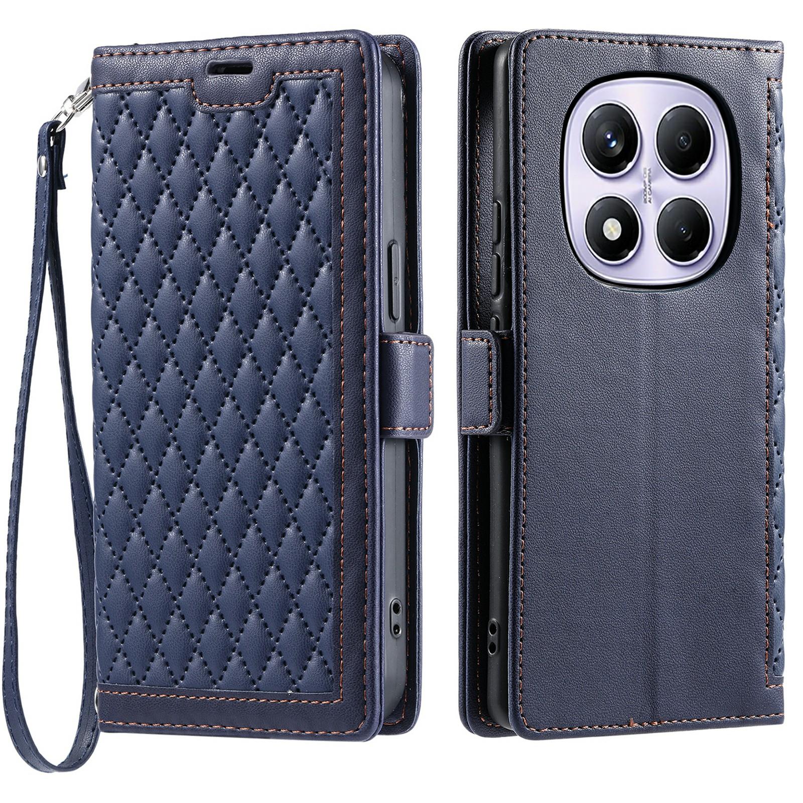 

Leather Case For Xiaomi Redmi Note 14 Pro 5G/4G/Poco X7 5G Rhombus Texture Wallet Stand Phone Cover with Wrist Strap Blue