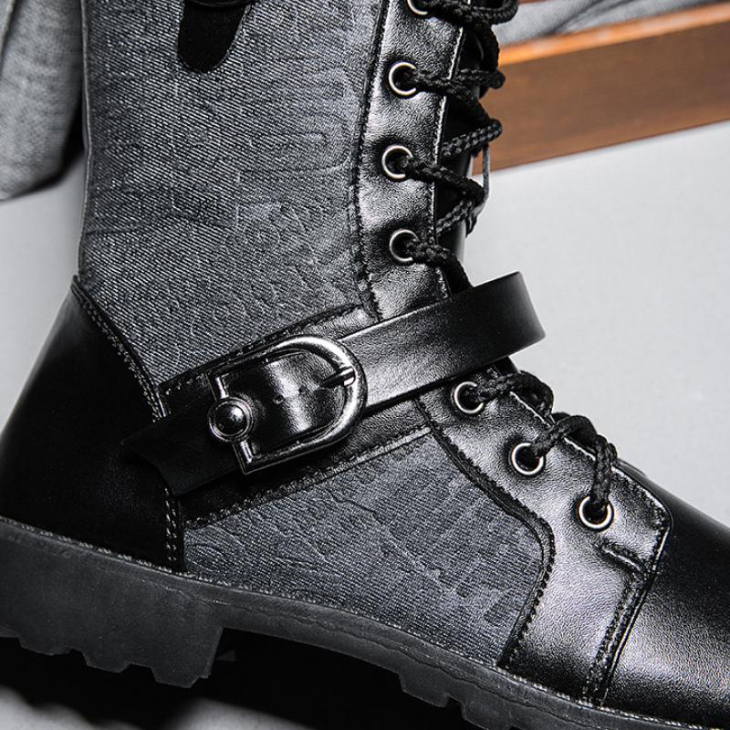 2025 Retro Men's Punk Boots Fashion Street Men Motorcycle Boots Luxury Buckle Strap Tooling Shoes Denim Mid-high Men Army Boots