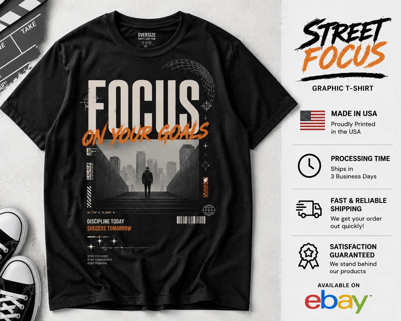 Focus On Your Goals Graphic T-Shirt Motivational Streetwear Urban Tee S