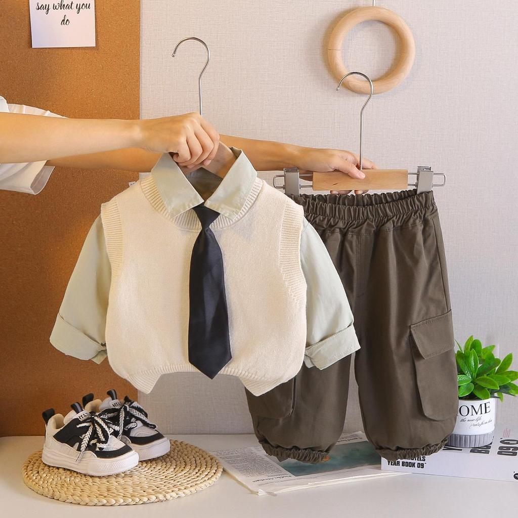 2026 New Baby Boy Spring/Autumn Outfit: Stylish Sweater Vest & Long Sleeve Three-Piece Set
