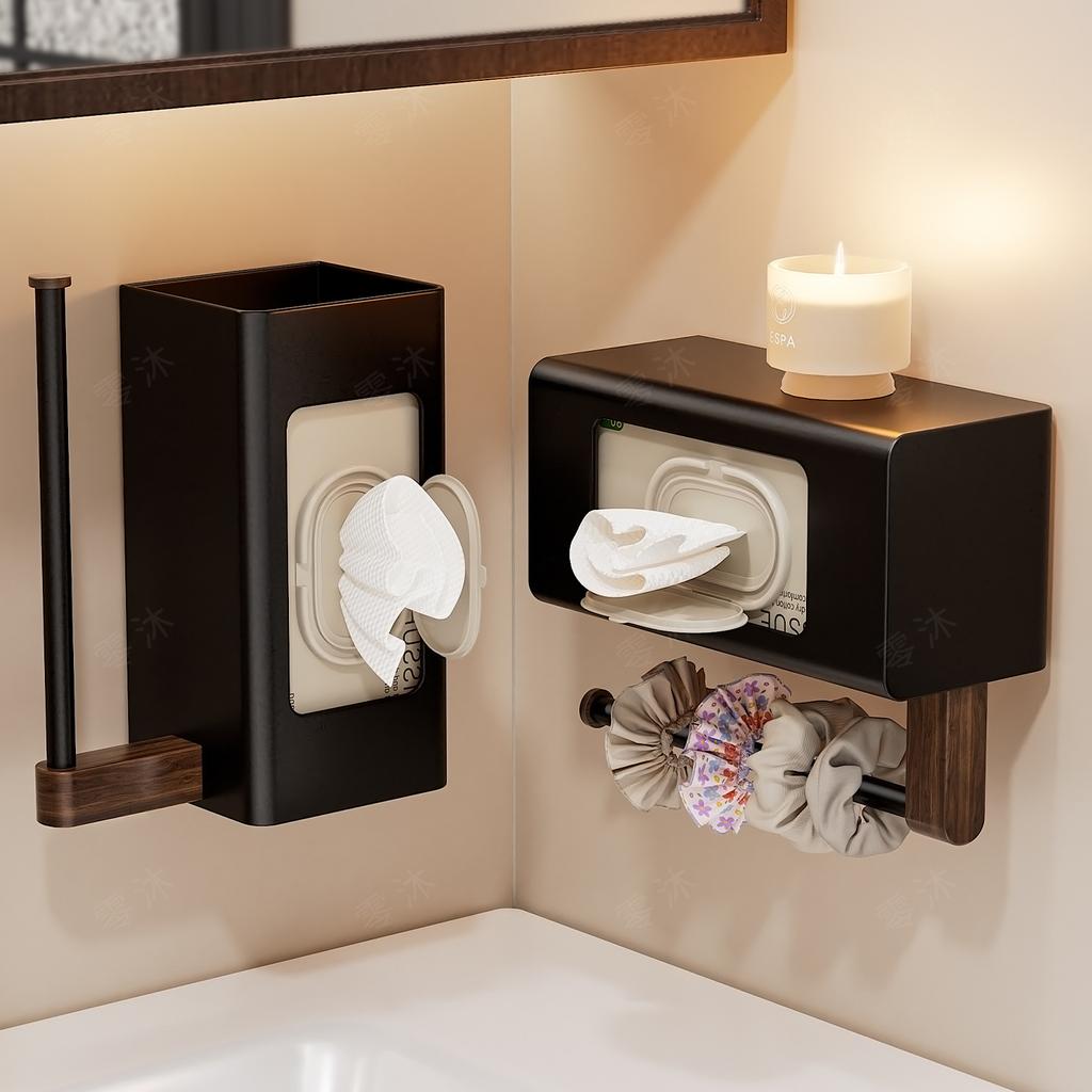No Drill Walnut Toilet Paper Holder, Wall Mounted Bathroom Organizer Modern Wood Storage Rack for TP & Hand Towel