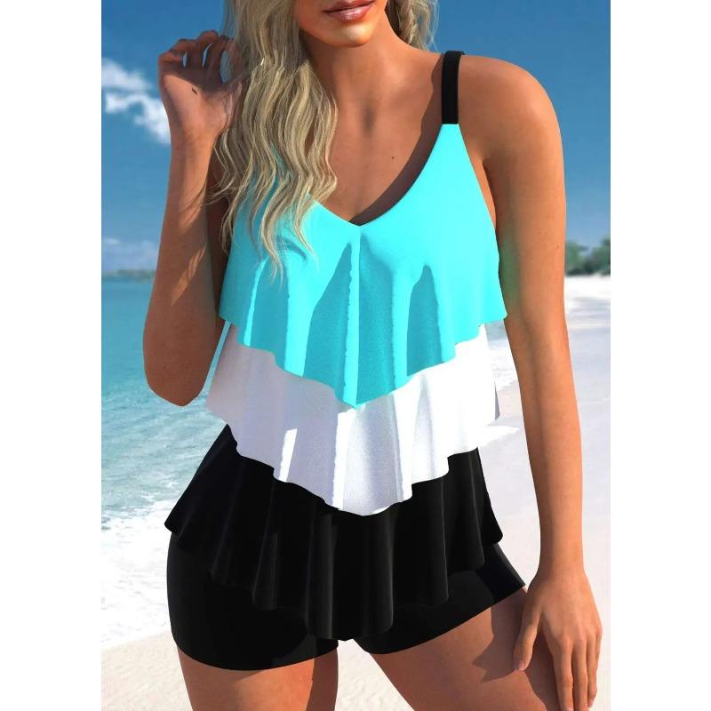 Women s New Summer Two-piece Set with Three-layer Ruffle Edge Printed Sexy Lace Up Casual Beach Swimsuit S-6XL S