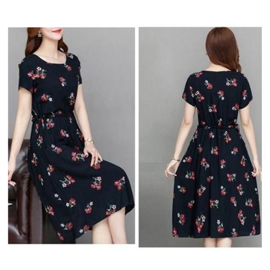 Women's Floral Print Summer Dress Boho Short Sleeve Crew Neck Midi Dress