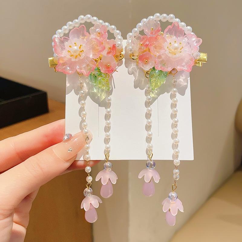 Children's Traditional Hanfu Headdress Hair Clips with Tassels - Handmade Pair for Girls