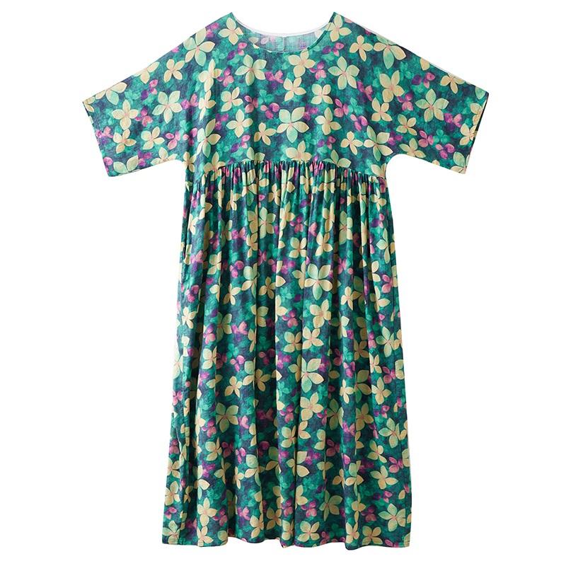 Kurzarm Plus Size Baumwolle Vintage Blumenmuster Neu in Kleidern für Damen lässig locker langes Sommerkleid
