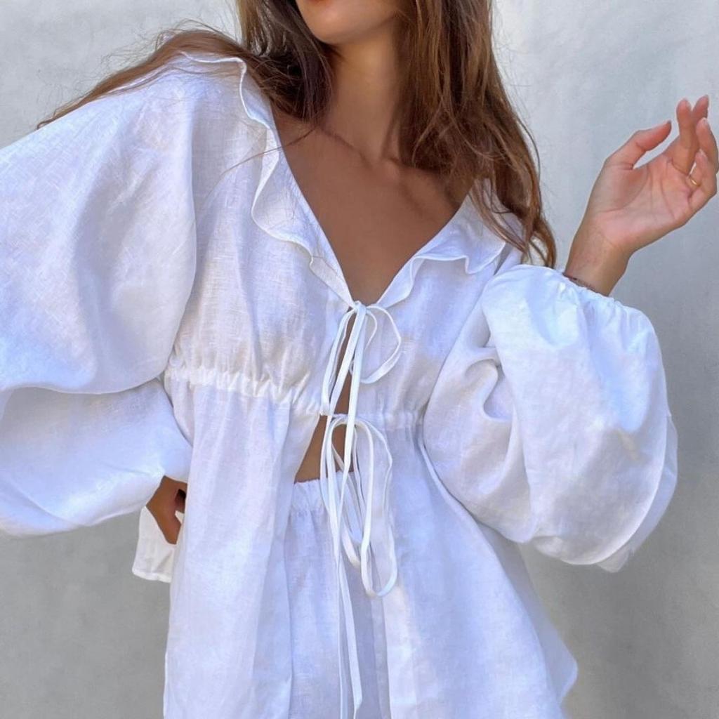 French Style Casual Autumn New Fashion Cotton Linen Set V-Neck Puff Sleeve Top Shorts Two-Piece Set