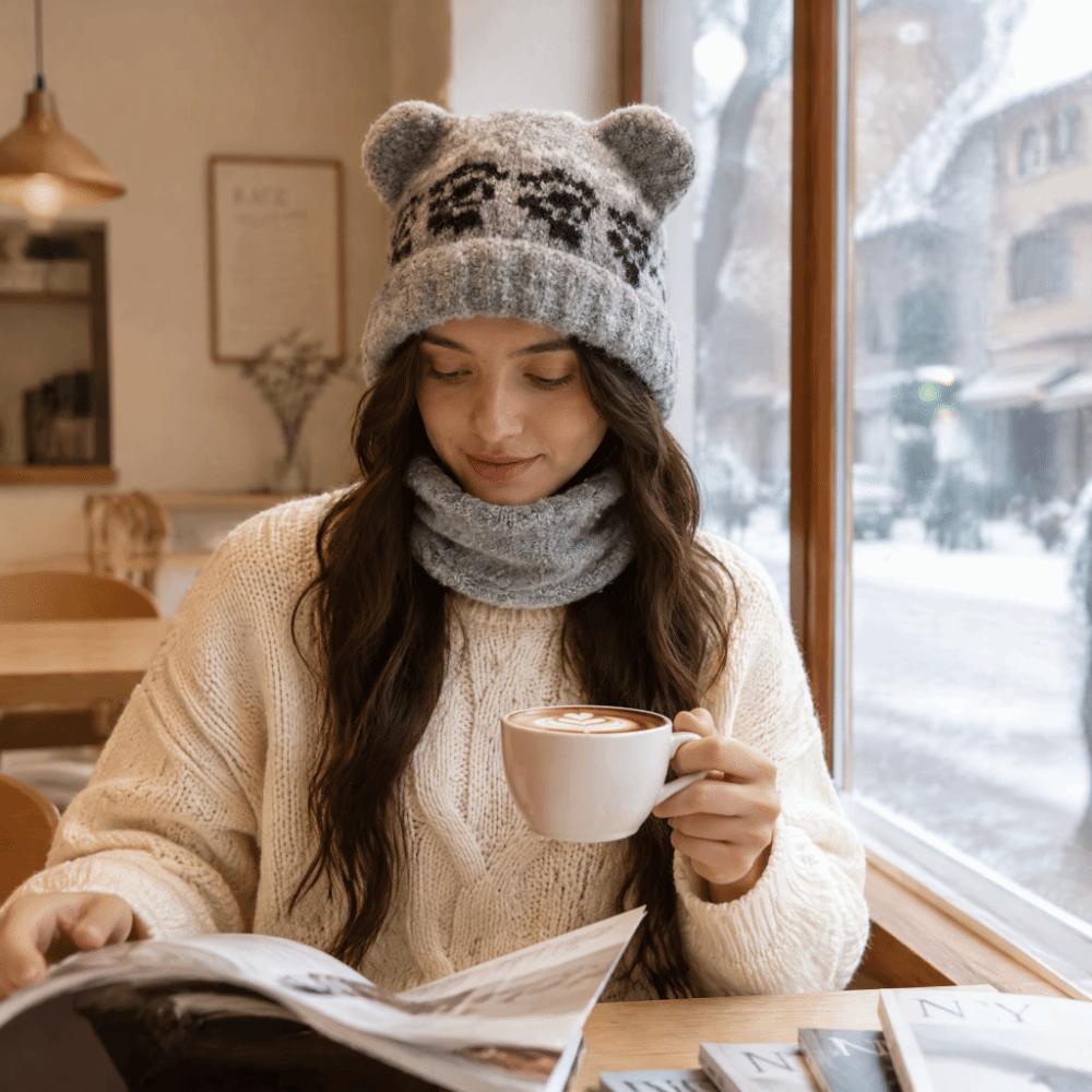 Slouchy Bear Ears Knit Hat Warm Plush Beanie Cap Soft Ear Protection Hat Cold Weather