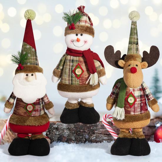 Christmas Plush Toy with Retractable Legs Handmade Reindeer Snowman Santa Claus Plush Doll Xmas Holiday Party Decoration Ornament